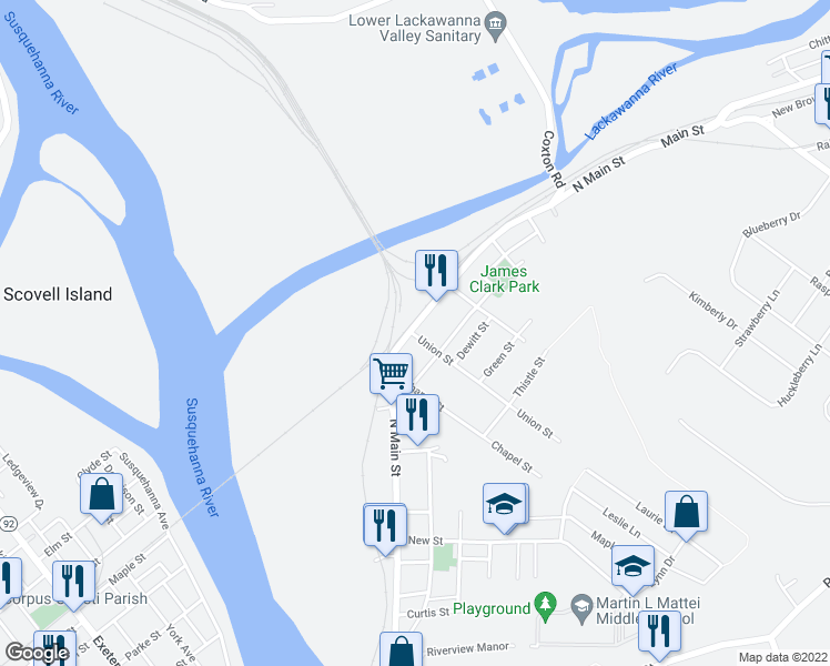 map of restaurants, bars, coffee shops, grocery stores, and more near 683-685 N Main St in Pittston
