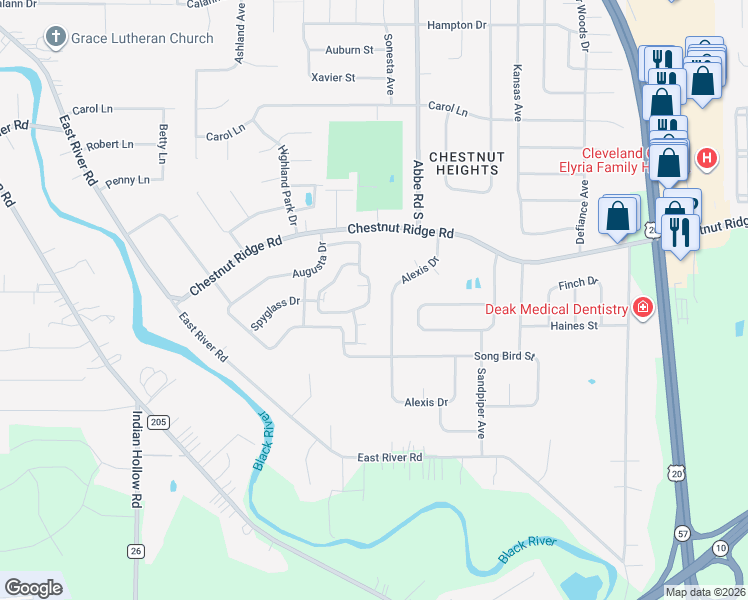 map of restaurants, bars, coffee shops, grocery stores, and more near 318 Stonehedge Dr in Elyria