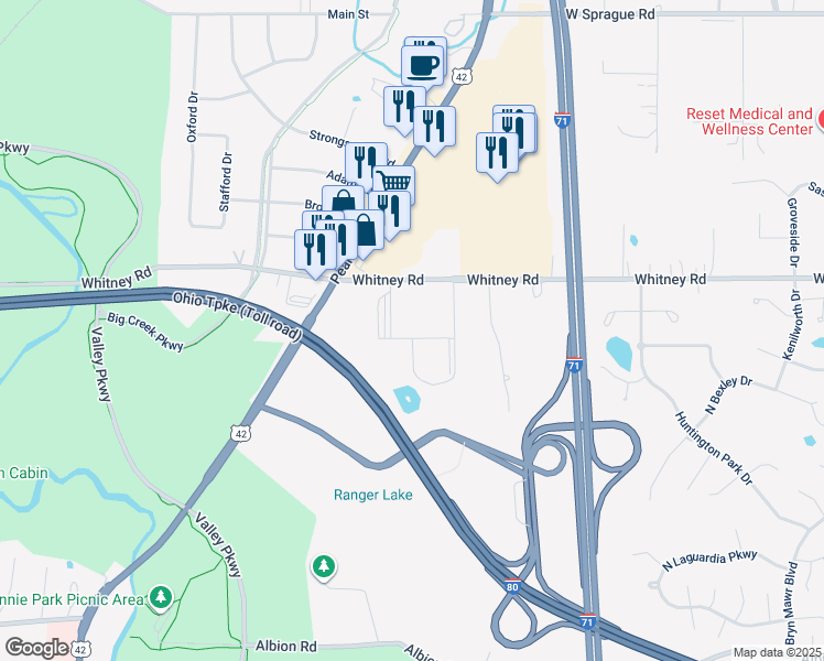 map of restaurants, bars, coffee shops, grocery stores, and more near 17721 Whitney Road in Strongsville