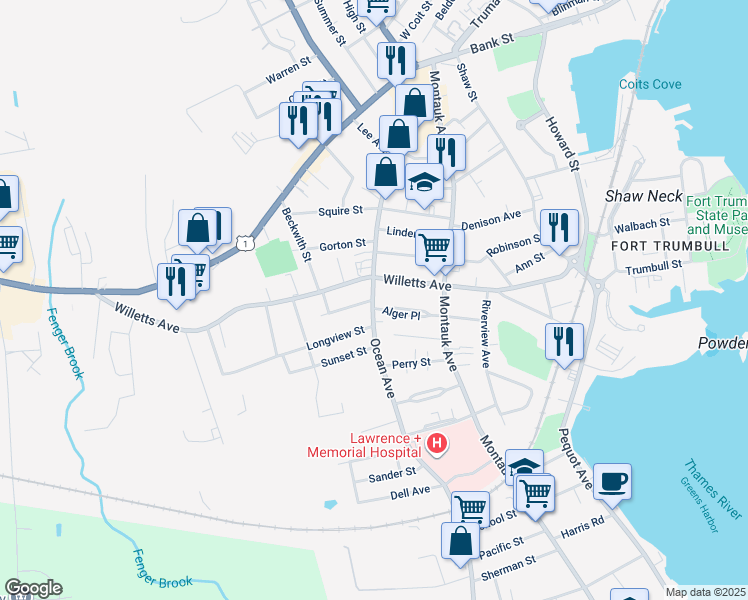 map of restaurants, bars, coffee shops, grocery stores, and more near 208 Ocean Avenue in New London