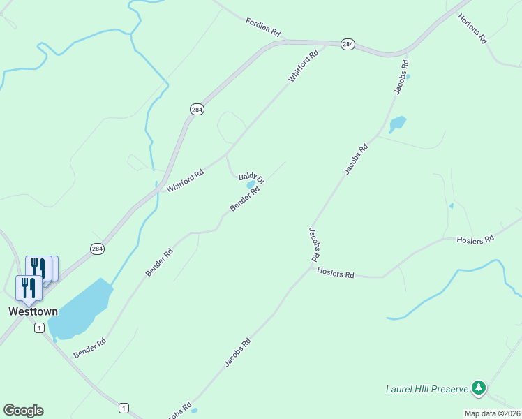 map of restaurants, bars, coffee shops, grocery stores, and more near 94 Bender Road in Westtown