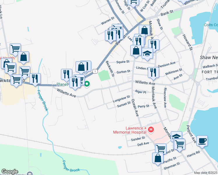 map of restaurants, bars, coffee shops, grocery stores, and more near Willetts Avenue & Viets Street in New London