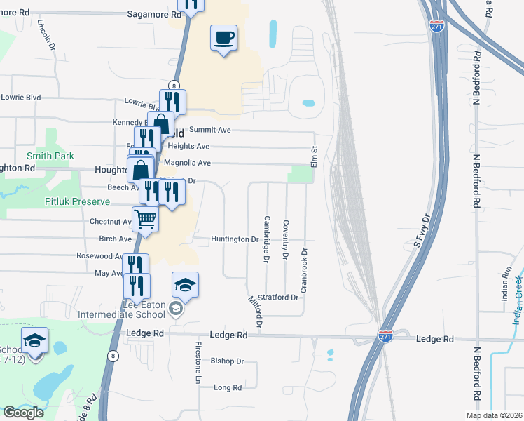 map of restaurants, bars, coffee shops, grocery stores, and more near 9100 Cambridge Drive in Northfield