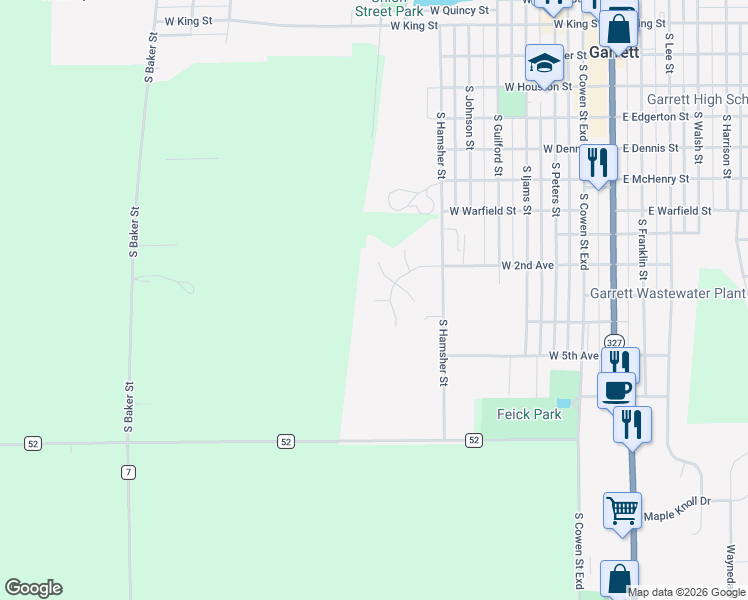 map of restaurants, bars, coffee shops, grocery stores, and more near 999 Redwood Court in Garrett