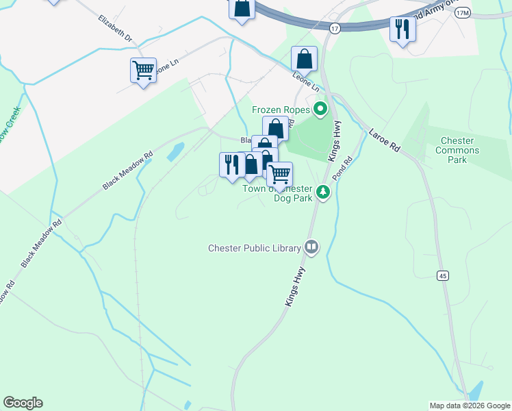 map of restaurants, bars, coffee shops, grocery stores, and more near 41 Elkay Drive in Chester