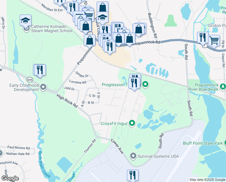map of restaurants, bars, coffee shops, grocery stores, and more near 176 F Street in Groton