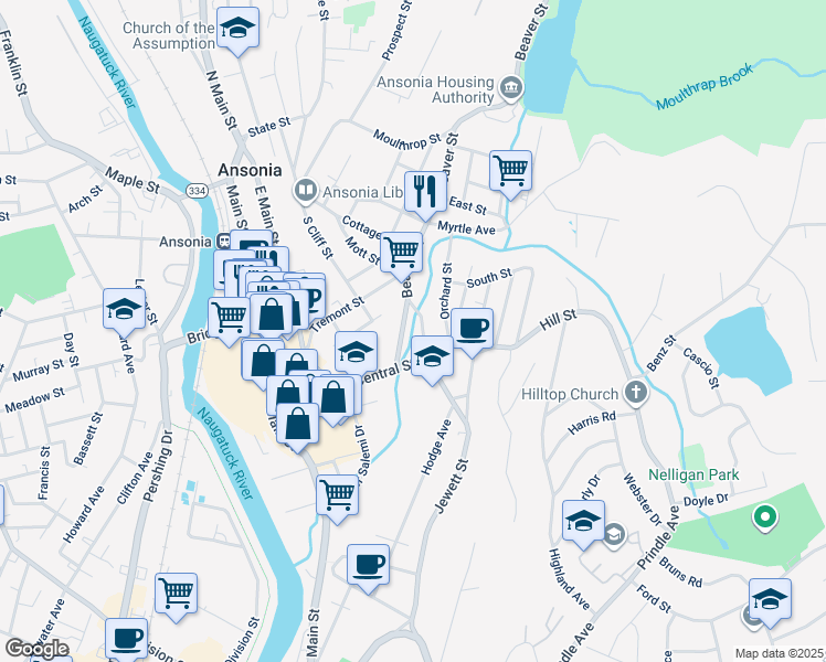 map of restaurants, bars, coffee shops, grocery stores, and more near 26 Beaver Street in Ansonia