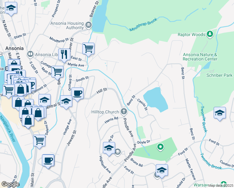 map of restaurants, bars, coffee shops, grocery stores, and more near 146 Hill Street in Ansonia