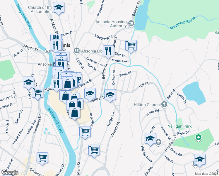 map of restaurants, bars, coffee shops, grocery stores, and more near 26 Beaver Street in Ansonia