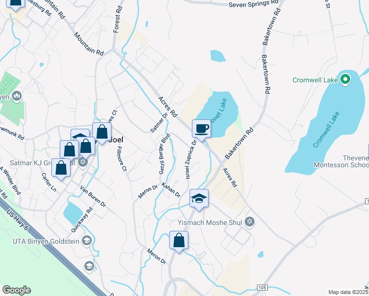 map of restaurants, bars, coffee shops, grocery stores, and more near 6 Kerestier Court in Kiryas Joel