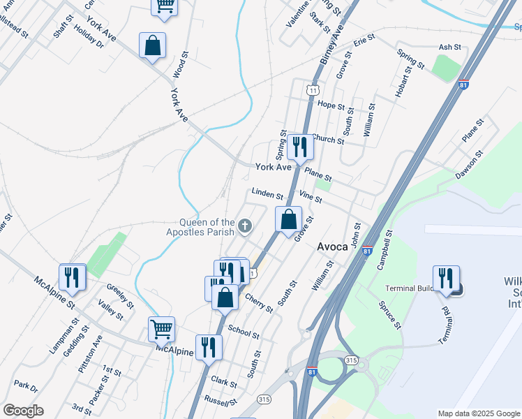 map of restaurants, bars, coffee shops, grocery stores, and more near 845 Chestnut St in Avoca