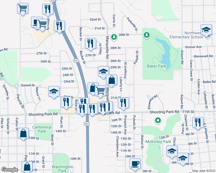 map of restaurants, bars, coffee shops, grocery stores, and more near 2209 Marquette Road in Peru