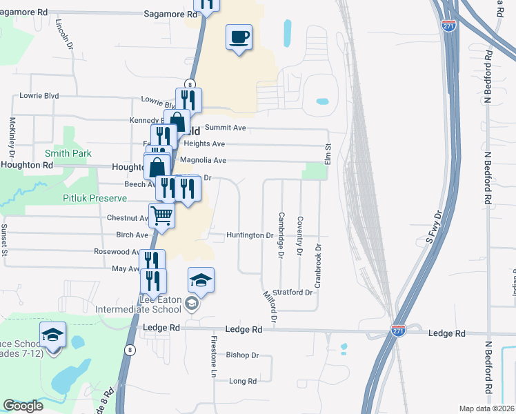map of restaurants, bars, coffee shops, grocery stores, and more near 9216 Milford Drive in Northfield