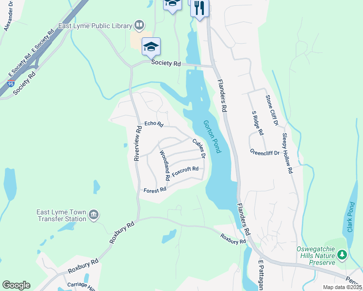 map of restaurants, bars, coffee shops, grocery stores, and more near 11 Sycamore Road in East Lyme