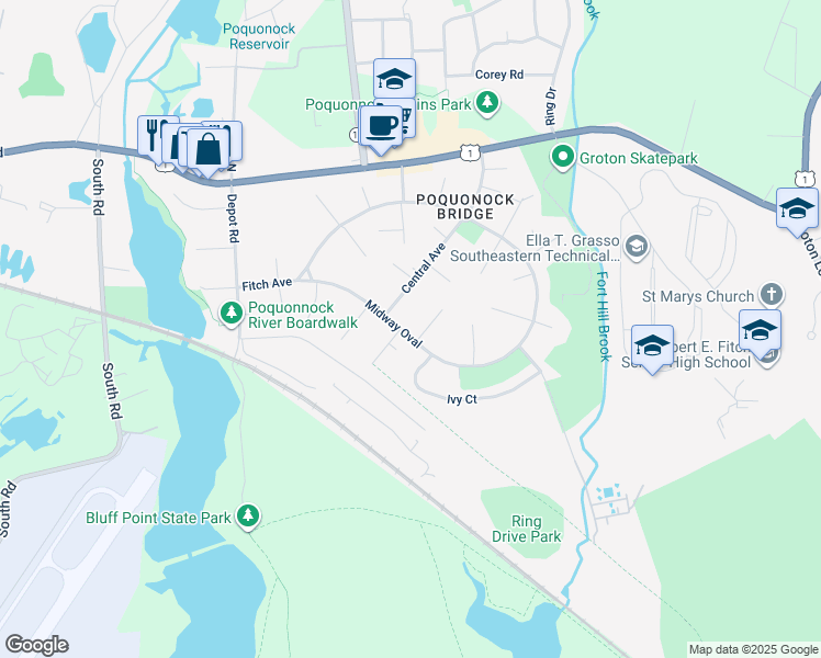 map of restaurants, bars, coffee shops, grocery stores, and more near 92 Midway Oval in Groton