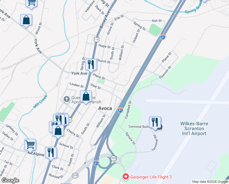 map of restaurants, bars, coffee shops, grocery stores, and more near 1002 William Street in Avoca