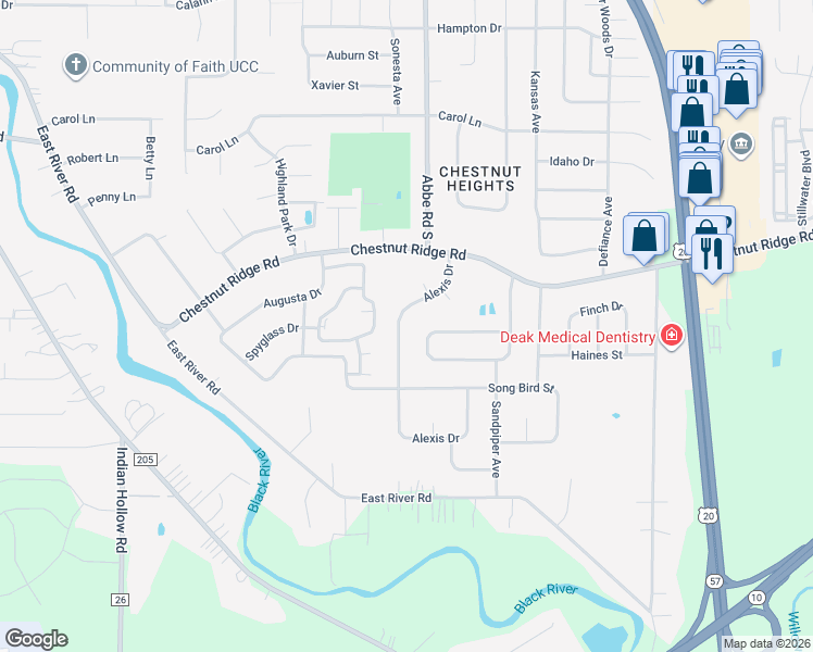 map of restaurants, bars, coffee shops, grocery stores, and more near 350 Alexis Drive in Elyria