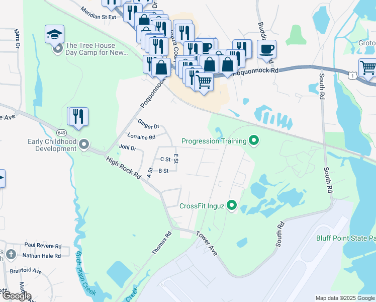 map of restaurants, bars, coffee shops, grocery stores, and more near 152 D Street in Groton