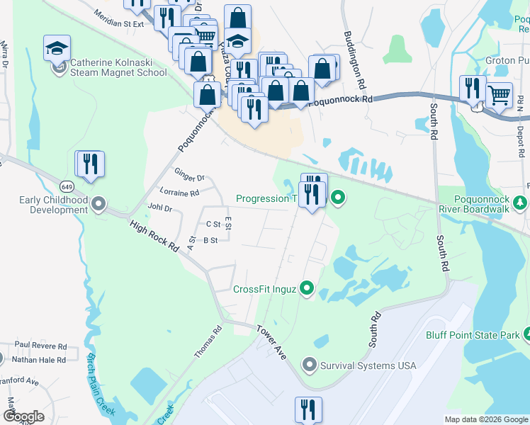 map of restaurants, bars, coffee shops, grocery stores, and more near 176 F Street in Groton