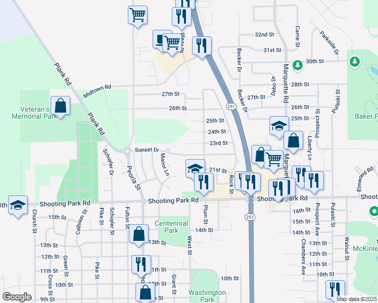 map of restaurants, bars, coffee shops, grocery stores, and more near 1433 Sunset Drive in Peru