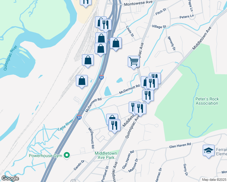 map of restaurants, bars, coffee shops, grocery stores, and more near 100 McDermott Road in North Haven