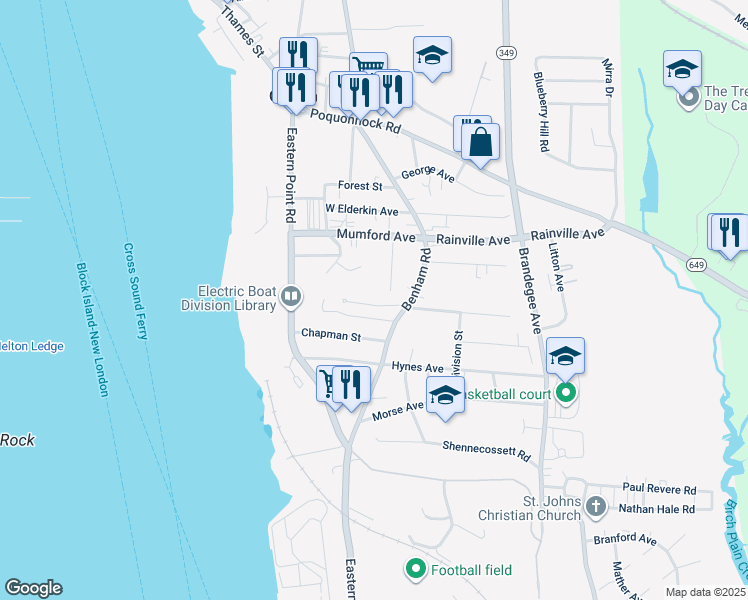 map of restaurants, bars, coffee shops, grocery stores, and more near 233 Benham Road in Groton