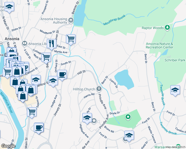 map of restaurants, bars, coffee shops, grocery stores, and more near 146 Hill Street in Ansonia