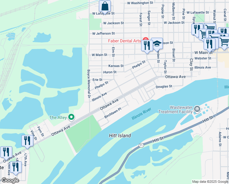 map of restaurants, bars, coffee shops, grocery stores, and more near 1415 Illinois Avenue in Ottawa