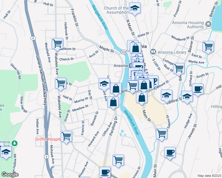 map of restaurants, bars, coffee shops, grocery stores, and more near 1 Lester Street in Ansonia