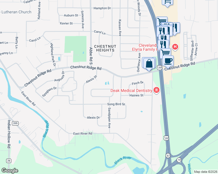 map of restaurants, bars, coffee shops, grocery stores, and more near 454 Pemberton Drive in Elyria