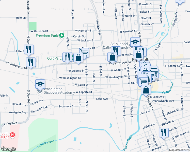 map of restaurants, bars, coffee shops, grocery stores, and more near 722 West Washington Street in Plymouth