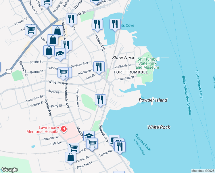 map of restaurants, bars, coffee shops, grocery stores, and more near 21 Pequot Avenue in New London