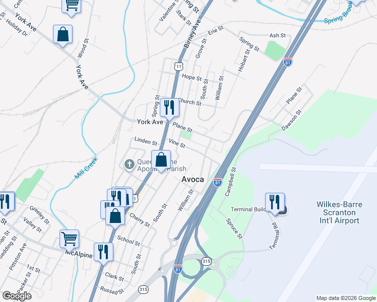 map of restaurants, bars, coffee shops, grocery stores, and more near 1006 Vine St in Avoca