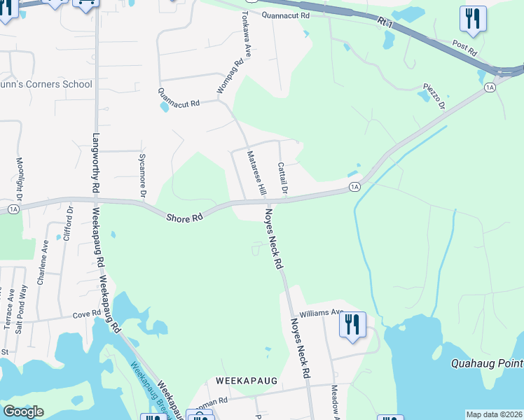 map of restaurants, bars, coffee shops, grocery stores, and more near 349 Shore Road in Westerly