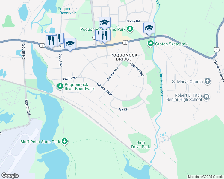 map of restaurants, bars, coffee shops, grocery stores, and more near 92 Midway Oval in Groton