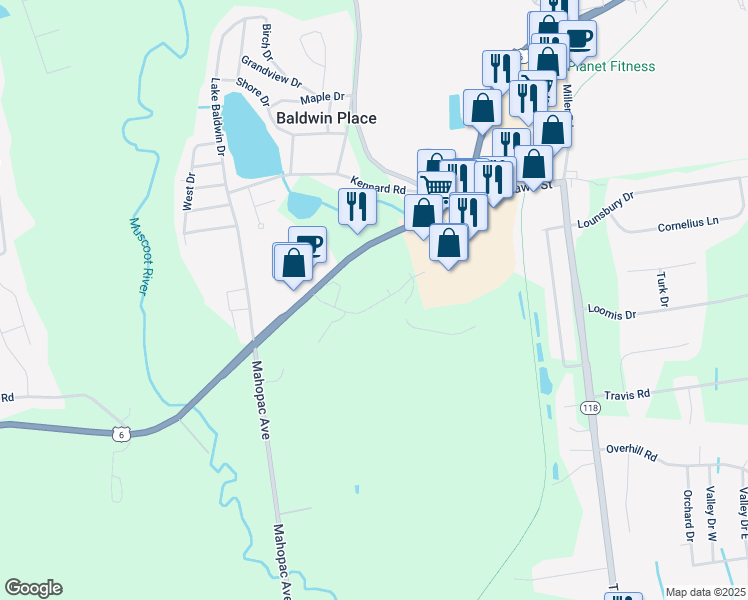 map of restaurants, bars, coffee shops, grocery stores, and more near 24 Clayton Boulevard in Yorktown Heights