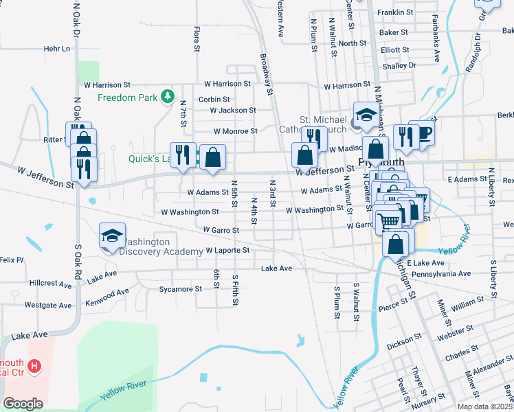 map of restaurants, bars, coffee shops, grocery stores, and more near 722 West Washington Street in Plymouth