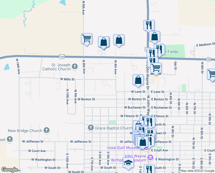 map of restaurants, bars, coffee shops, grocery stores, and more near 516 West Mills Street in Winterset