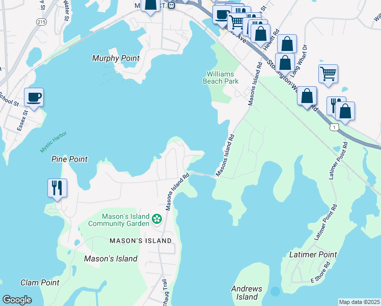 map of restaurants, bars, coffee shops, grocery stores, and more near 5 Mystic Point Lane in Stonington