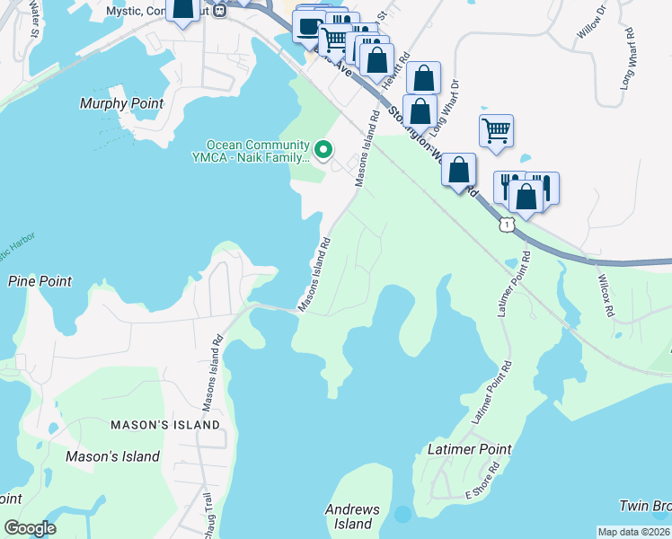 map of restaurants, bars, coffee shops, grocery stores, and more near 95 Masons Island Road in Stonington