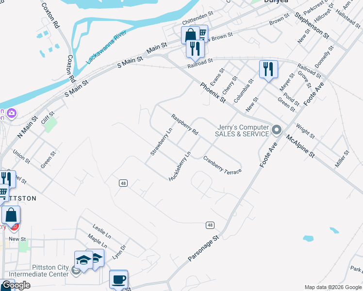 map of restaurants, bars, coffee shops, grocery stores, and more near 21 Blueberry Drive in Duryea