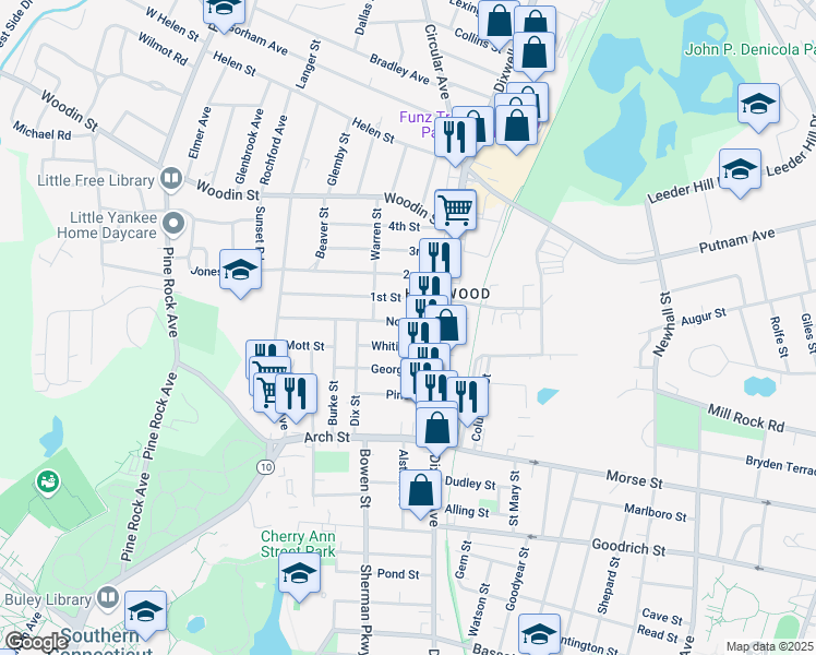 map of restaurants, bars, coffee shops, grocery stores, and more near 30 North Street in Hamden