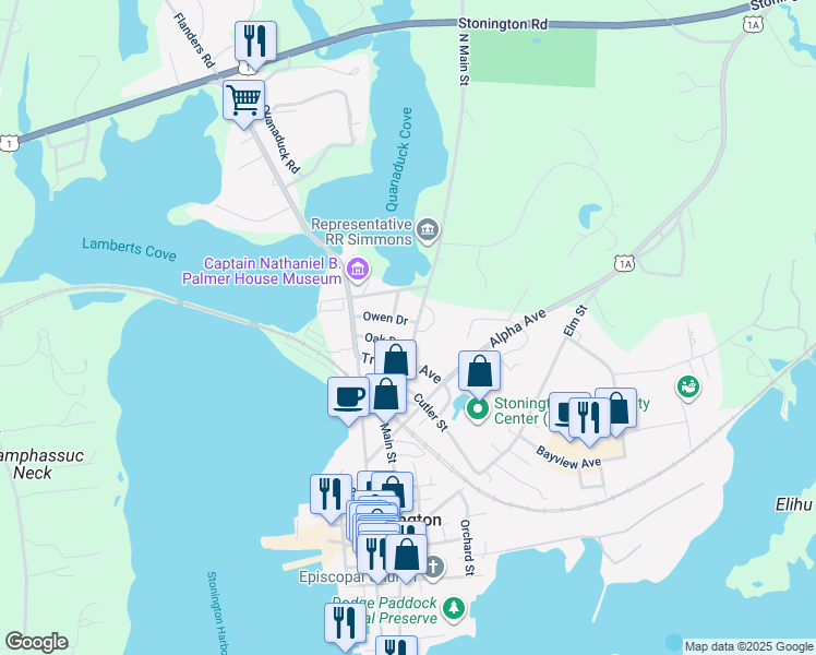 map of restaurants, bars, coffee shops, grocery stores, and more near 230 N Main St in Stonington