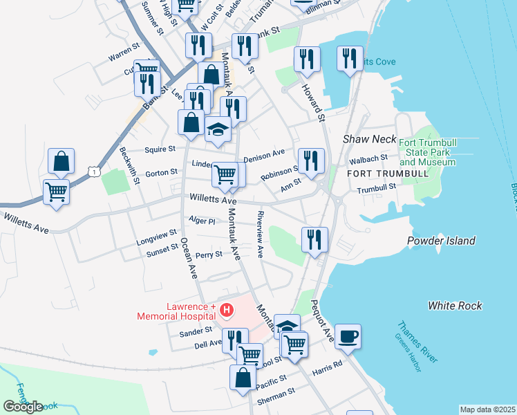 map of restaurants, bars, coffee shops, grocery stores, and more near 100 Willetts Avenue in New London