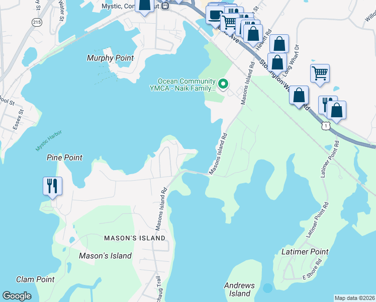 map of restaurants, bars, coffee shops, grocery stores, and more near 11 Mystic Point Lane in Stonington