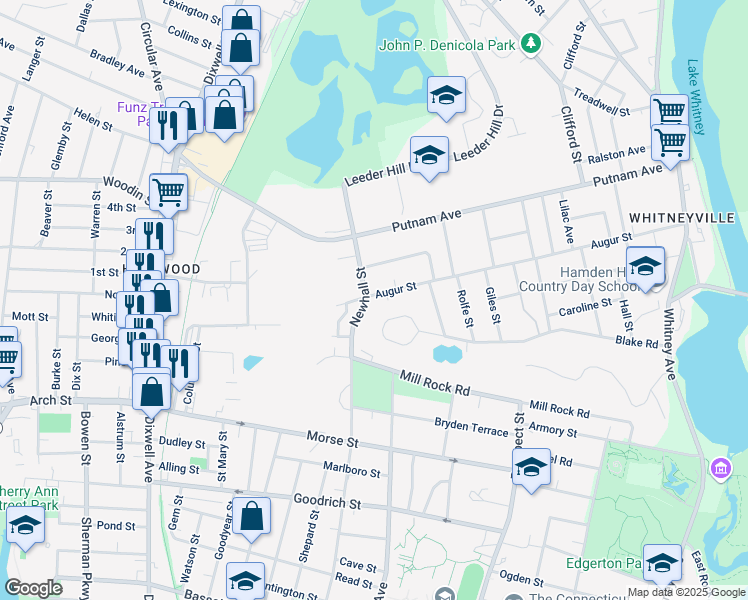 map of restaurants, bars, coffee shops, grocery stores, and more near 304 Augur Street in Hamden