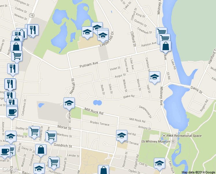 map of restaurants, bars, coffee shops, grocery stores, and more near 52 Giles Street in Hamden