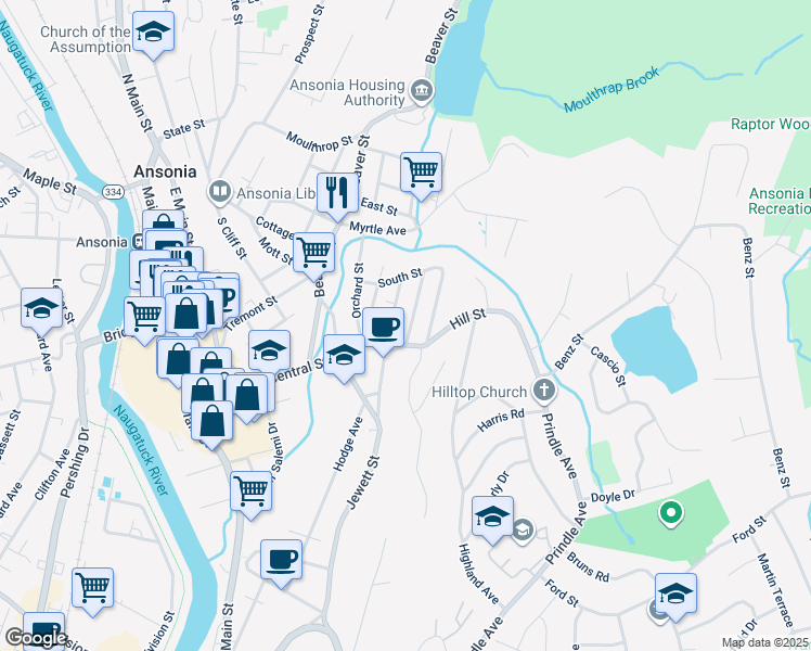 map of restaurants, bars, coffee shops, grocery stores, and more near 9 Hillside Avenue in Ansonia