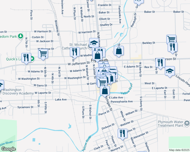 map of restaurants, bars, coffee shops, grocery stores, and more near 201 West Washington Street in Plymouth