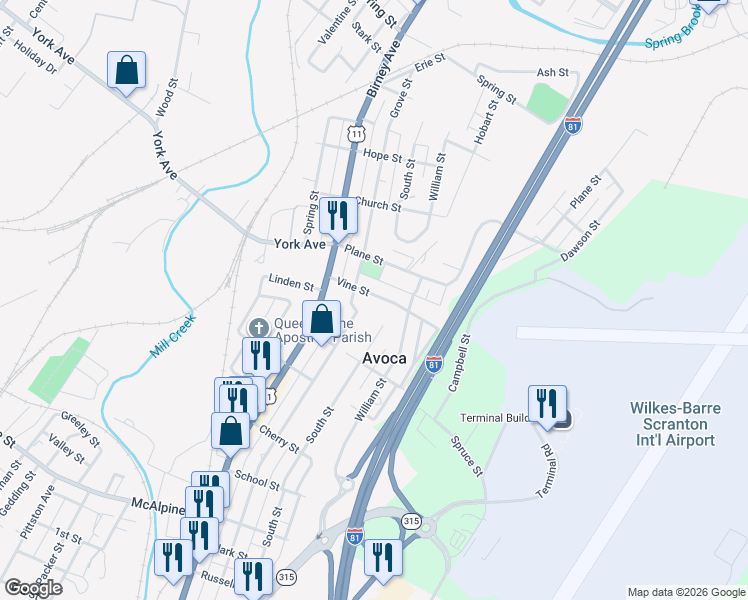 map of restaurants, bars, coffee shops, grocery stores, and more near 1006 Vine St in Avoca